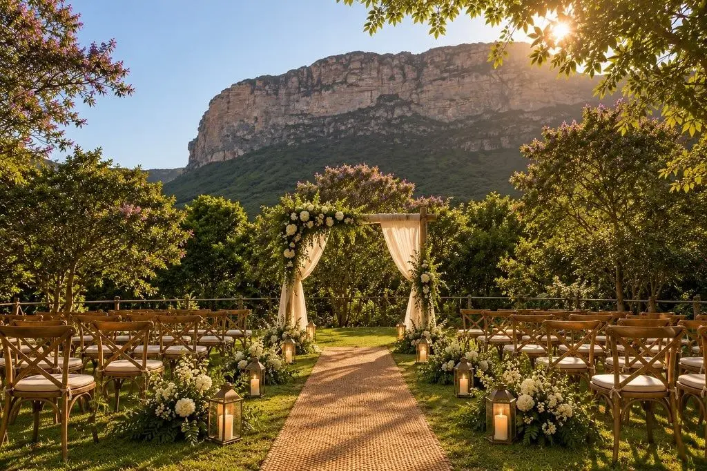 Altar con arco de flores y sillas de madera al aire libre, con la pared de un morro al fondo