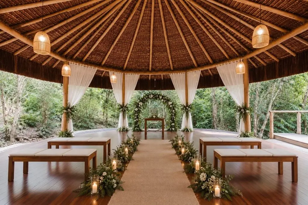 Thatched-roof pavilion set up for the ceremony, with white curtains, flower arrangements and candles along the aisle