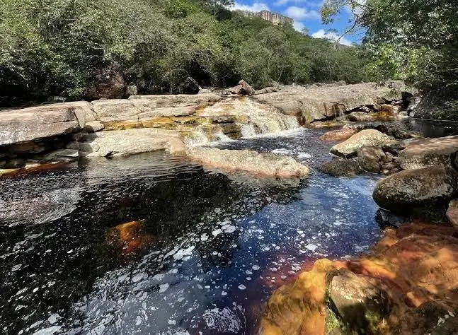 Dark-water river running between stone slabs, with forest on the banks