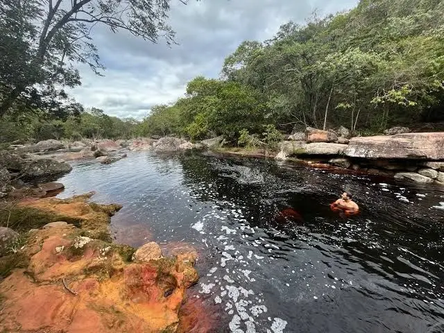 Person bathing in a dark-water river between orange stone slabs and forest
